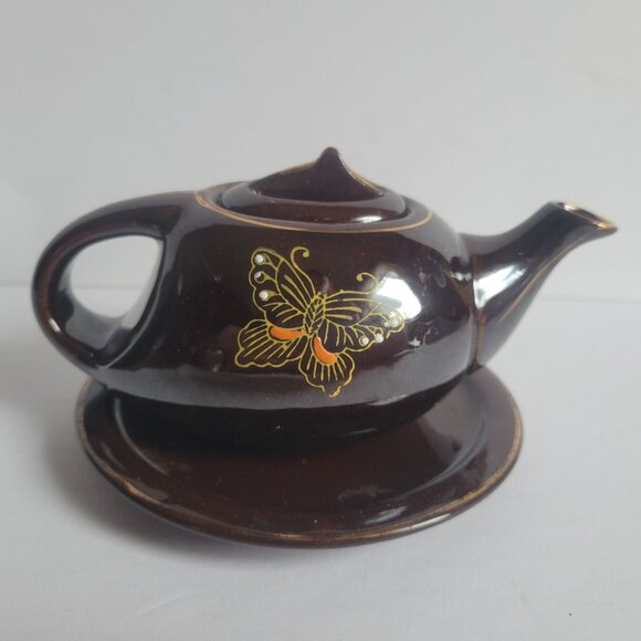 Vintage Brown Ceramic Teapot With Lid & Saucer Hand-Painted Floral & Butterfly D - Picture 6 of 11